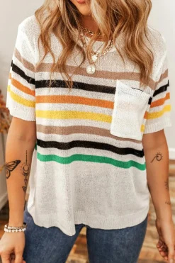 Fashion Dear-Lover Striped Pocketed Loose Fit Crewneck Knitted T Shirt White
