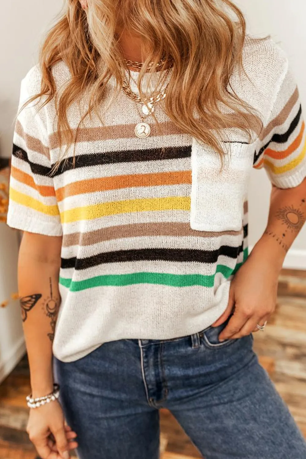 Fashion Dear-Lover Striped Pocketed Loose Fit Crewneck Knitted T Shirt White