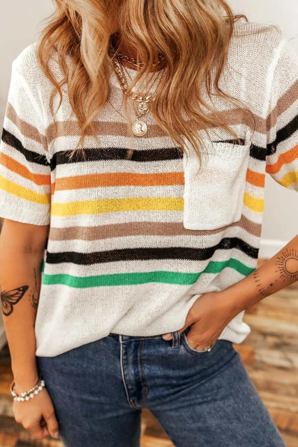 Fashion Dear-Lover Striped Pocketed Loose Fit Crewneck Knitted T Shirt White