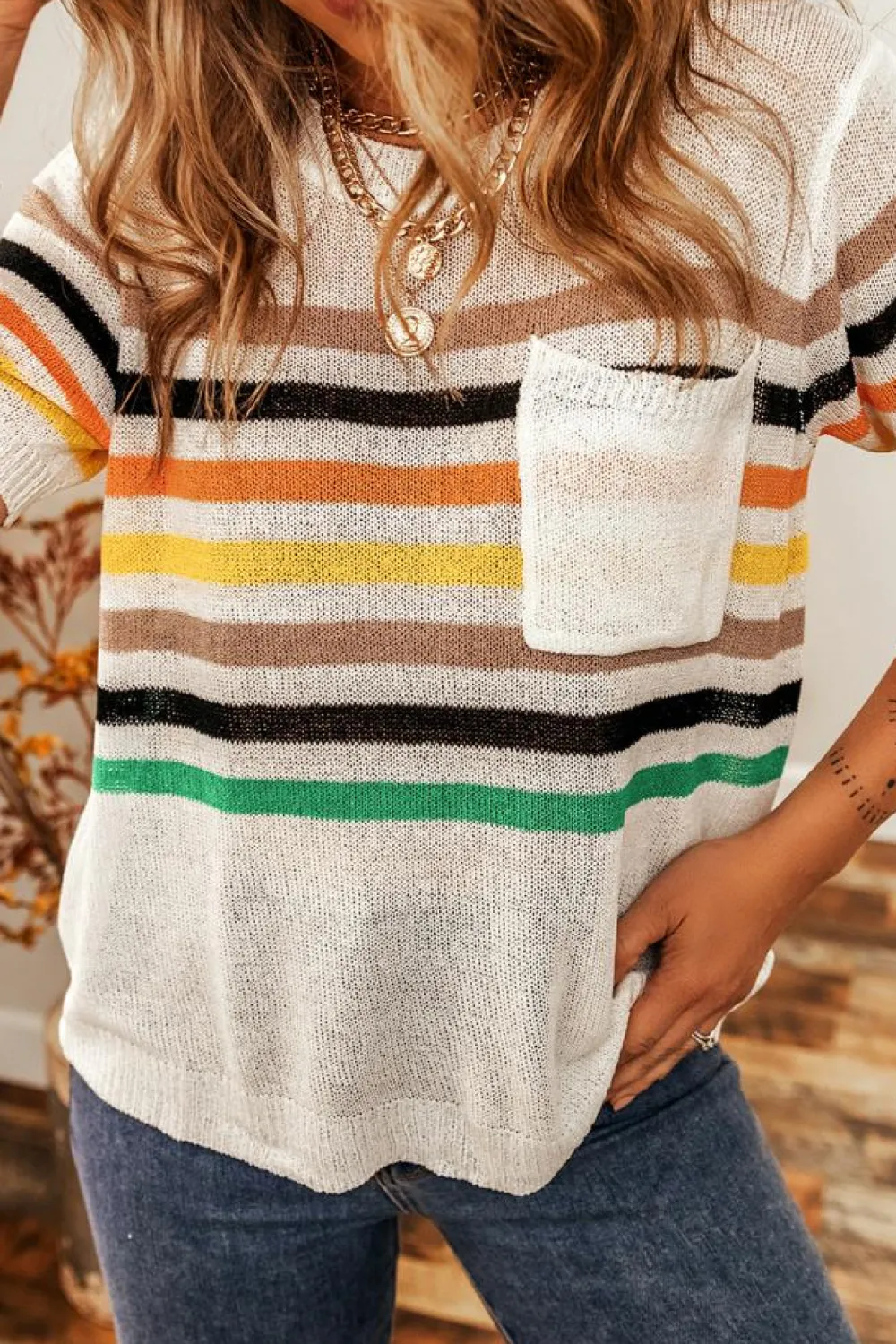 Fashion Dear-Lover Striped Pocketed Loose Fit Crewneck Knitted T Shirt White
