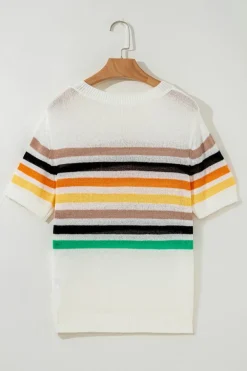 Fashion Dear-Lover Striped Pocketed Loose Fit Crewneck Knitted T Shirt White