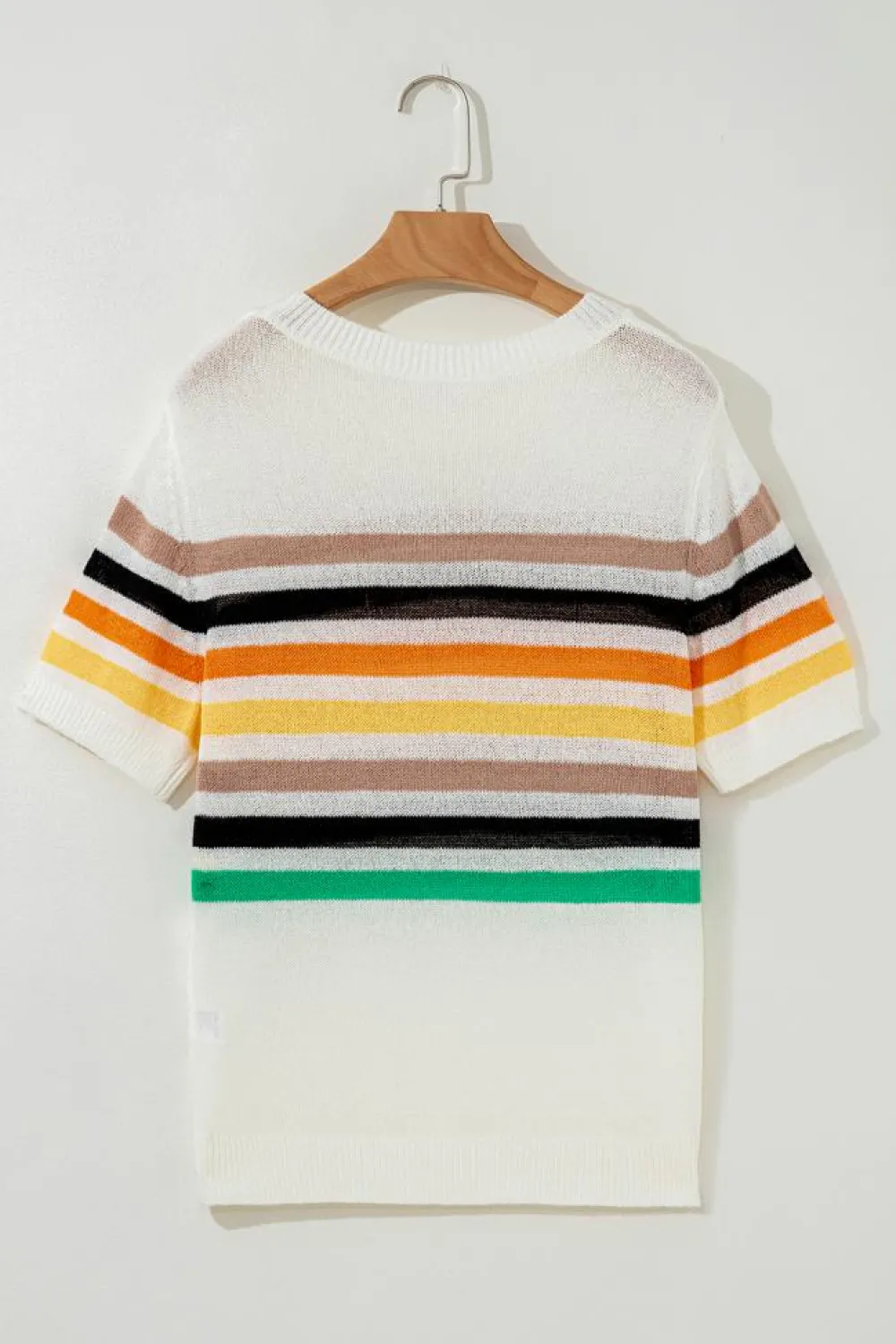 Fashion Dear-Lover Striped Pocketed Loose Fit Crewneck Knitted T Shirt White