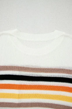 Fashion Dear-Lover Striped Pocketed Loose Fit Crewneck Knitted T Shirt White
