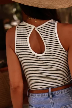 Discount Dear-Lover Striped Print Ribbed Knit Sleeveless Top White