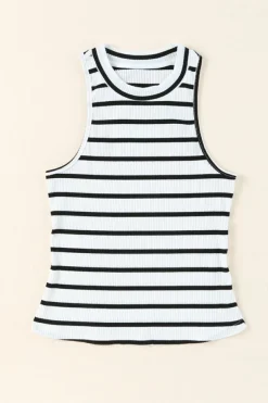 New Dear-Lover Striped Print Ribbed O-neck Sleeveless Top White