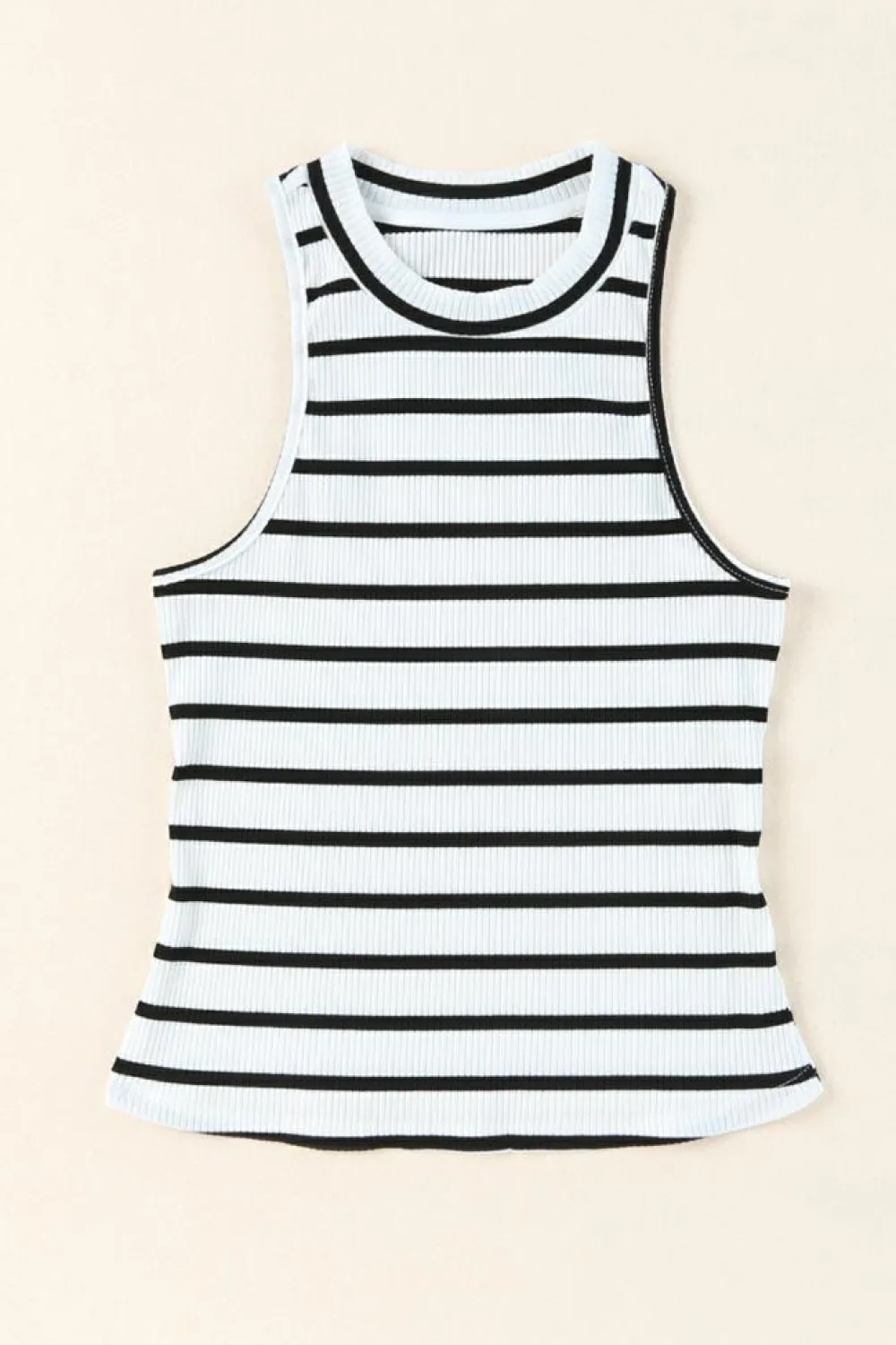 New Dear-Lover Striped Print Ribbed O-neck Sleeveless Top White