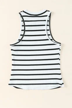 New Dear-Lover Striped Print Ribbed O-neck Sleeveless Top White