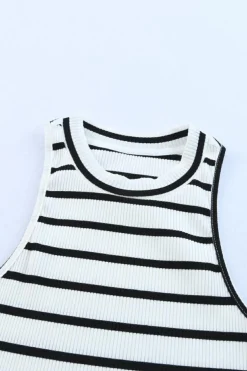 New Dear-Lover Striped Print Ribbed O-neck Sleeveless Top White