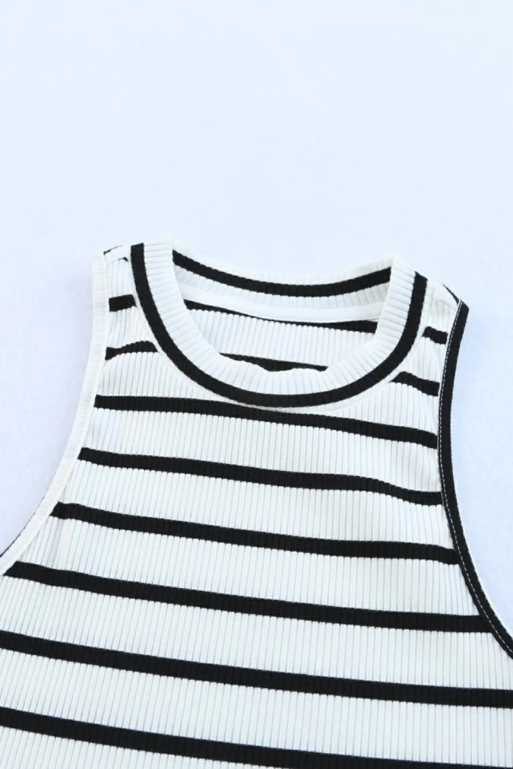 New Dear-Lover Striped Print Ribbed O-neck Sleeveless Top White