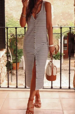 Outlet Dear-Lover d Print Sleeveless Buttoned Maxi Dress White Stripe
