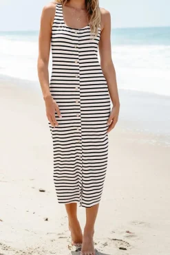 Outlet Dear-Lover d Print Sleeveless Buttoned Maxi Dress White Stripe