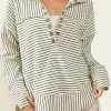 Clearance Dear-Lover Striped Thumbhole Drop Shoulder V Neck Top White