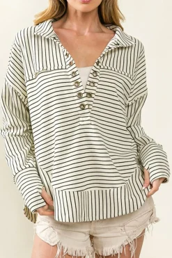 Clearance Dear-Lover Striped Thumbhole Drop Shoulder V Neck Top White