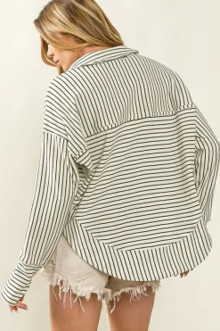 Clearance Dear-Lover Striped Thumbhole Drop Shoulder V Neck Top White