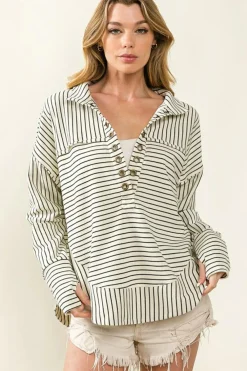 Clearance Dear-Lover Striped Thumbhole Drop Shoulder V Neck Top White