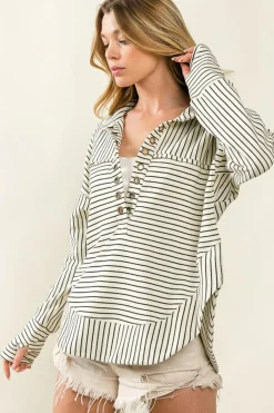 Clearance Dear-Lover Striped Thumbhole Drop Shoulder V Neck Top White