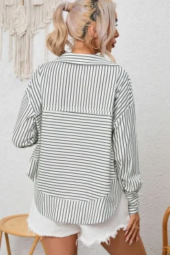 Clearance Dear-Lover Striped Thumbhole Drop Shoulder V Neck Top White