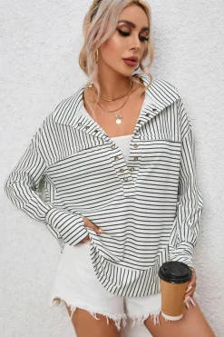 Clearance Dear-Lover Striped Thumbhole Drop Shoulder V Neck Top White