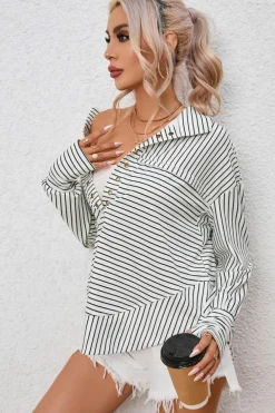 Clearance Dear-Lover Striped Thumbhole Drop Shoulder V Neck Top White