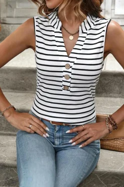 Best Dear-Lover Striped V Neck Buttoned Tank Top White