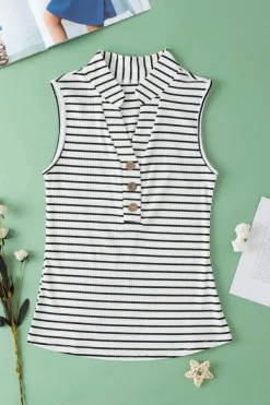 Best Dear-Lover Striped V Neck Buttoned Tank Top White