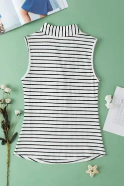 Best Dear-Lover Striped V Neck Buttoned Tank Top White