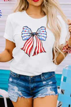 Outlet Dear-Lover Stripes and Stars Bowknot Print T Shirt White