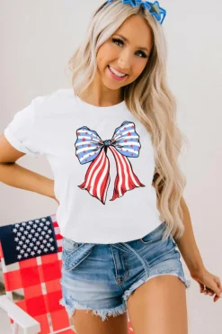 Outlet Dear-Lover Stripes and Stars Bowknot Print T Shirt White