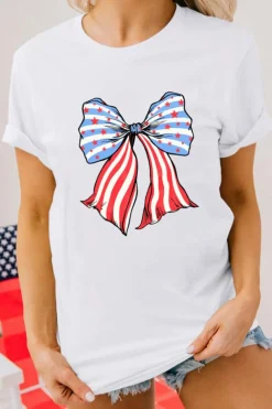 Outlet Dear-Lover Stripes and Stars Bowknot Print T Shirt White