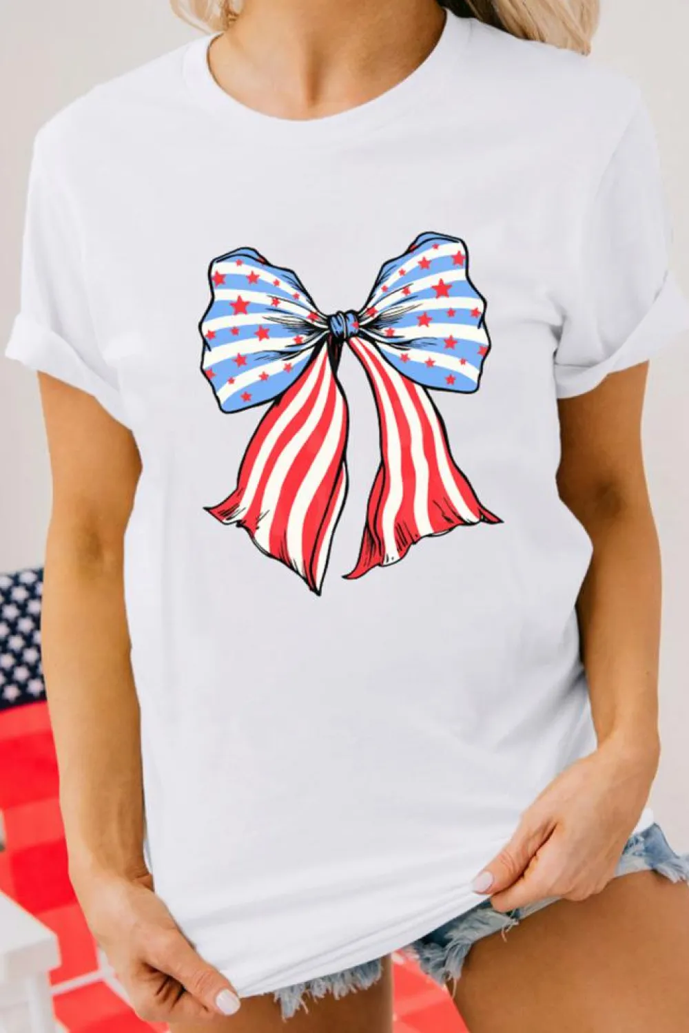 Outlet Dear-Lover Stripes and Stars Bowknot Print T Shirt White