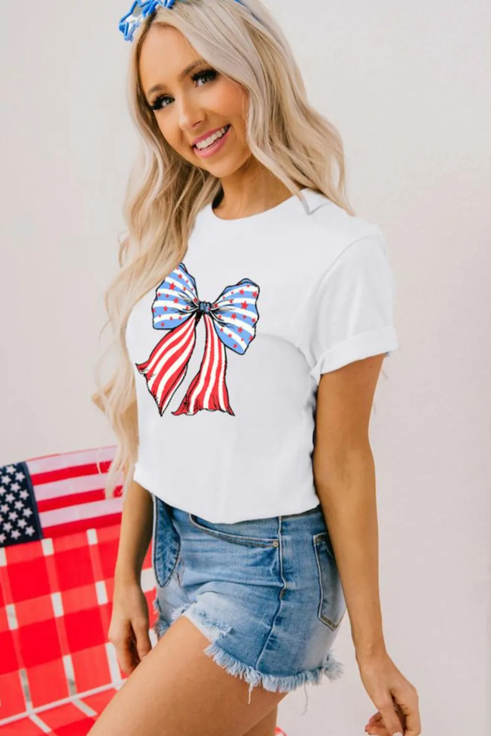 Outlet Dear-Lover Stripes and Stars Bowknot Print T Shirt White