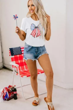 Outlet Dear-Lover Stripes and Stars Bowknot Print T Shirt White