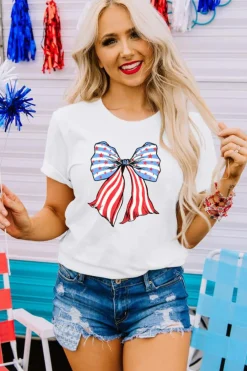 Outlet Dear-Lover Stripes and Stars Bowknot Print T Shirt White