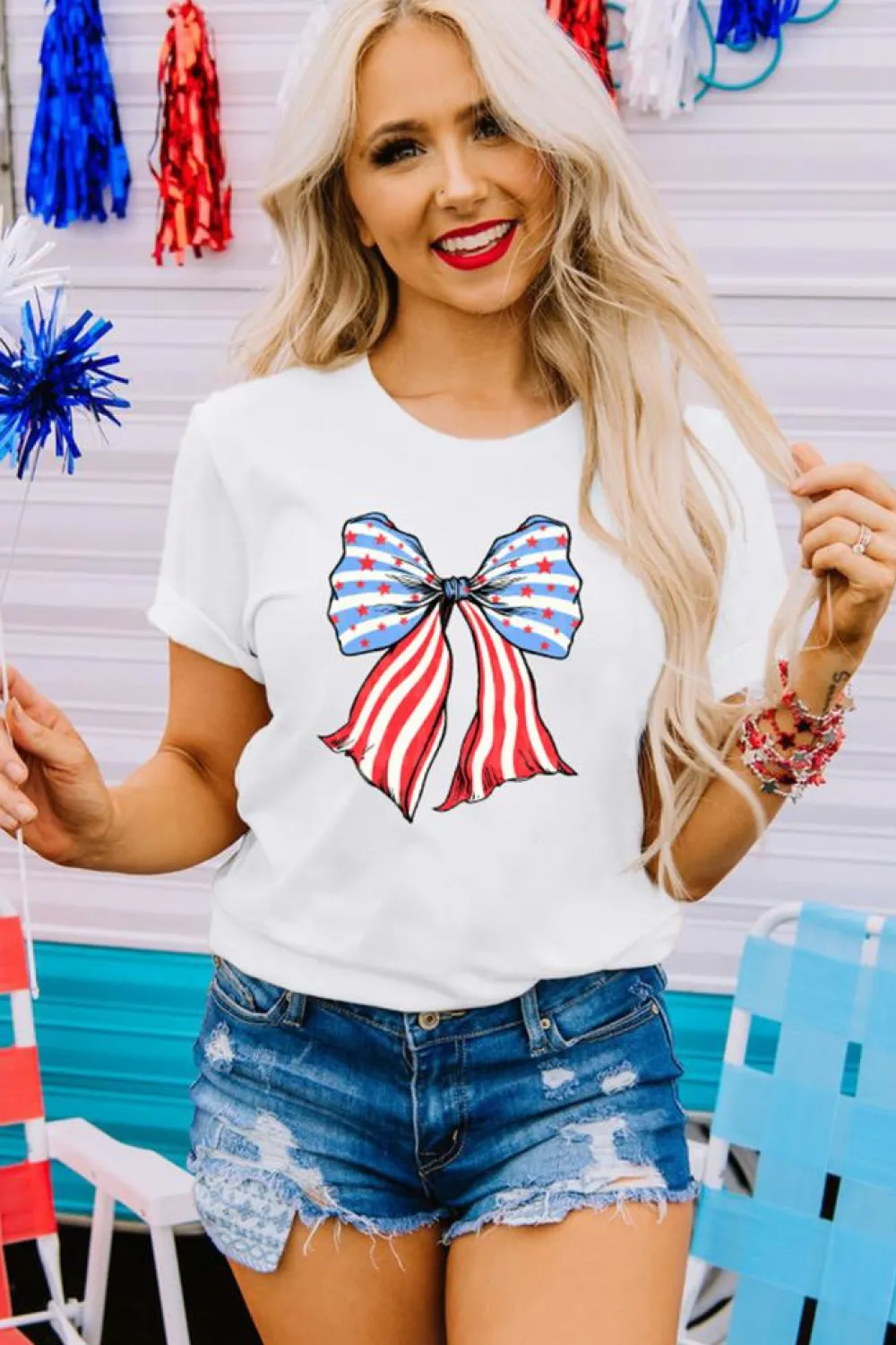 Outlet Dear-Lover Stripes and Stars Bowknot Print T Shirt White