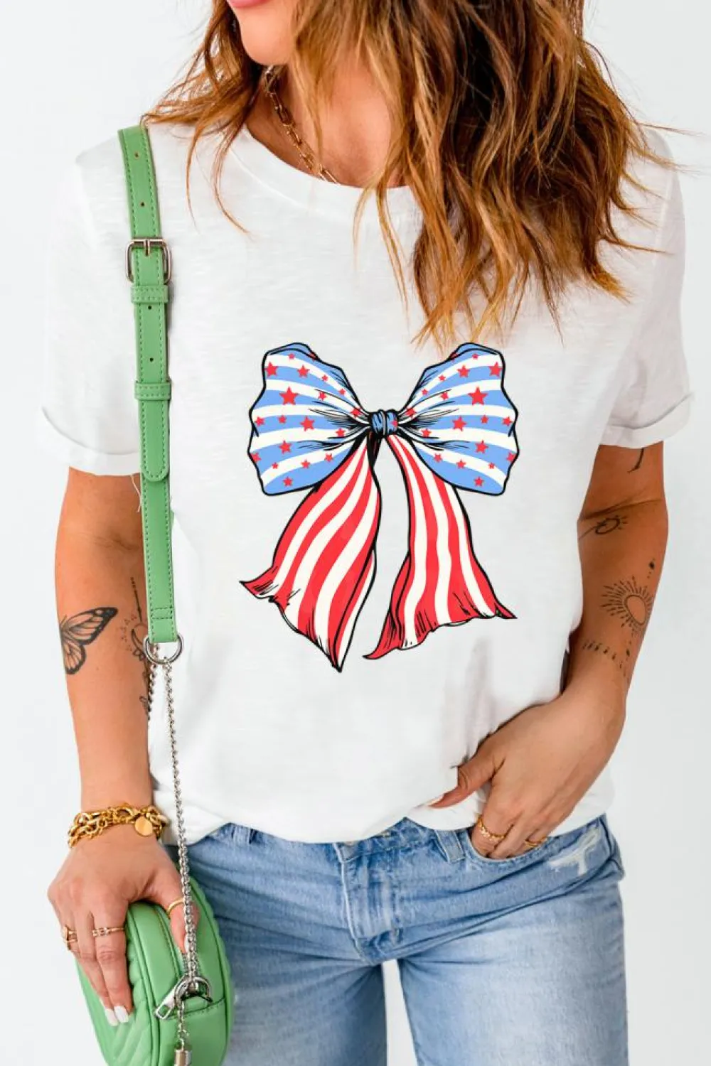 Outlet Dear-Lover Stripes and Stars Bowknot Print T Shirt White