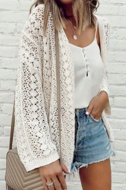 New Dear-Lover Stylish Hollow Out Knit Drop Shoulder Cardigan White