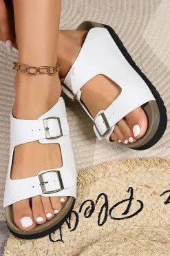 Fashion Dear-Lover Suede Textured Buckle Straps Beach Slippers White