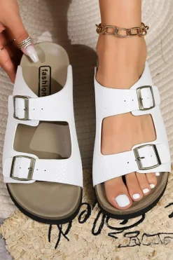 Fashion Dear-Lover Suede Textured Buckle Straps Beach Slippers White