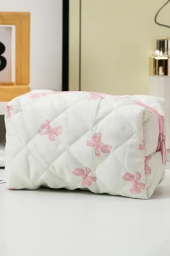 Fashion Dear-Lover Sweet Bow Knot Print Quilted Zipper Cosmetic Bag White