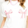Clearance Dear-Lover Sweet Bow Knot Print O Neck Casual T Shirt White