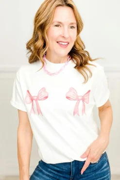 Clearance Dear-Lover Sweet Bow Knot Print O Neck Casual T Shirt White