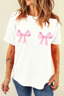 Clearance Dear-Lover Sweet Bow Knot Print O Neck Casual T Shirt White