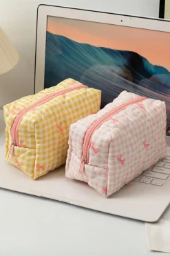 Fashion Dear-Lover Sweet Bow Knot Print Quilted Zipper Cosmetic Bag White
