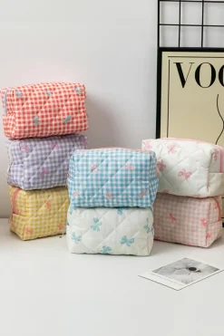 Fashion Dear-Lover Sweet Bow Knot Print Quilted Zipper Cosmetic Bag White