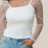 Clearance Dear-Lover Swiss Dot Mesh Long Sleeve Square Neck Slim Top White