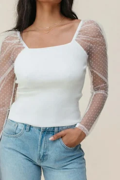 Clearance Dear-Lover Swiss Dot Mesh Long Sleeve Square Neck Slim Top White