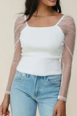 Clearance Dear-Lover Swiss Dot Mesh Long Sleeve Square Neck Slim Top White