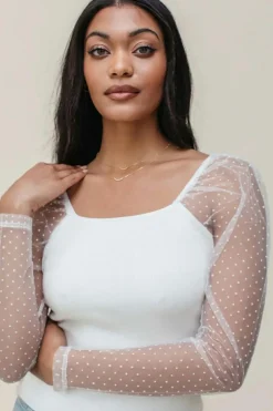 Clearance Dear-Lover Swiss Dot Mesh Long Sleeve Square Neck Slim Top White