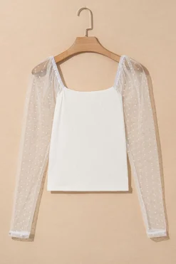 Clearance Dear-Lover Swiss Dot Mesh Long Sleeve Square Neck Slim Top White