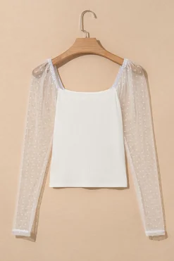 Clearance Dear-Lover Swiss Dot Mesh Long Sleeve Square Neck Slim Top White